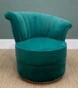 MODERN ASSYMETRIC BEDROOM CHAIR, green velour upholstry, swivel base