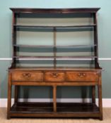 18TH CENTURY PEMBROKESHIRE JOINED OAK DRESSER, open rack with shaped cornice, above base fitted
