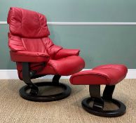 NORWEGIAN EKORNES 'RENO' STRESSLESS EASY ARMCHAIR & STOOL, rcling action, classic 'Wenge' ring base,