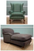 TWO EASY CHAIRS, comprising green wingback armchair, 110cm high, and a grey chaise longue, 153 cm