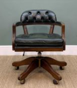 VICTORIAN STYLE GREEN LEATHER UPHOLSTERED SWIVEL DESK CHAIR, on splayed base with casters