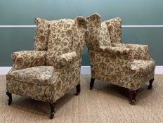 PAIR LADIES & GENT'S GEORGIAN STYLE WINGBACK ARMCHAIRS, camel backs, scrolled arms, carved