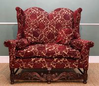 WILLIAM & MARY STYLE DOUBLE CHAIR BACK SETTEE, arched wing back above scrolled arms, scroll carved