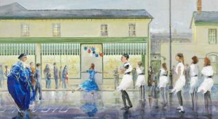 ‡ RICHARD O'CONNELL acrylic on board - entitled 'Dancers in the Rain', signed, 44 x 78cms