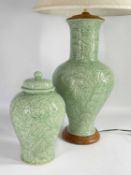 MODERN THAI CELADON LAMP & COVERED JAR, carved with foliage, lamp 54cm h (to rim), jar 34cm h (2)