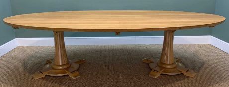CONTEMPORARY GOLDEN OAK TWIN-PEDESTAL OVAL DINING TABLE, 279cm long Comments: minor surface