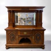 LATE VICTORIAN POLLARD OAK MIRROR-BACK SIDEBOARD, carved superstructure with foliate decoration, egg