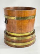BRASS BANDED & COOPERED OAK JARDINIERE & STAND, by R.A Lister, one stamped, the other with applied