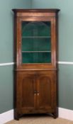 19TH CENTURY WELSH OAK STANDING CORNER CABINET, glazed door with bone escutcheon, above cupoard