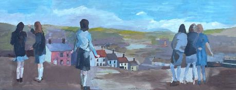 ‡ RICHARD O'CONNELL oil on panel - 'Girls looking across The Swansea Valley', 1981, 88 x 40cms