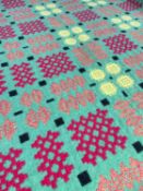 TRADITIONAL WELSH WOOLEN TAPESTRY BLANKET, woven in green, claret, yellow and black, appr. 212 x