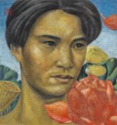 XIAOFENG (20th Century) watercolour - youth with lotus, signed, red seal, 30 x 28cm