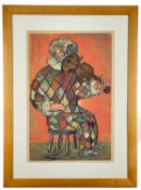 ‡ ARTHUR CHARLTON linocut proof no. 1 - seated clown playing a violin, entitled 'Boom Boom',