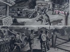 LATE 20TH CENTURY SCHOOL, ink and wash illustrations - '1944. Attack on Old Fram House' and '1944.