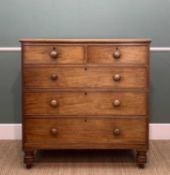 19TH CENTURY MAHOGANY CHEST, fitted 2 short and 3 graduated long drawers, turned feet, 109h x 106w x