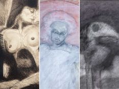 JOAQUIN BARRIOS (Columbian, b. 1956), oil on card - Bird, 16 x 29cm; a portrait and etching by the