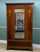 EDWARDIAN MARQUETRY WARDROBE, with retailer's label, 'P E Gane Ltd (Cardiff)', bevelled mirror