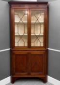 19TH CENTURY MAHOGANY STANDING CORNER CABINET, astragal glazed doors, painted interior, cupboard
