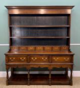 REPRODUCTION OAK SOUTH WALES DRESSER, ebonised boarded rack incorporating spice drawers, above