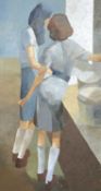 ‡ RICHARD O'CONNELL oil on panel - 'Girls at sink', 1981, inscribed to label verso, 51 x 28cms
