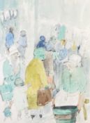 ‡ VERA BASSETT (Welsh 1912-1997) watercolour and pencil - busy street scene, entitled verso on Attic