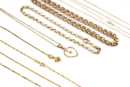9CT GOLD JEWELLERY comprising two 9ct gold circle link chains, 9ct gold diamond chip heart pendant