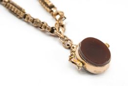 9CT GOLD ALBERT MULTI-LINK CHAIN, revolving carnelian and bloodstone fob, 39cms long, 22.8gms