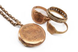 GOLD JEWELLERY comprising 9ct gold signet ring, yellow metal signet ring, 9ct gold eternity ring,