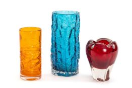 GEOFFREY BAXTER FOR WHITEFRIARS GLASS, comprising large textured cylindrical vase in kingfisher