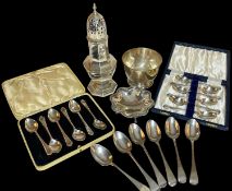 ASSORTED SILVER TABLEWARE, including piriform sugar caster, plain bowl, pierced bonbon dish, set six