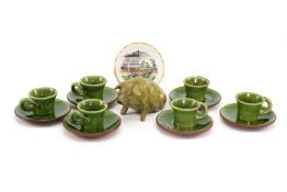 EWENNY POTTERY PIG, green glazed, loin inscribed 'Y Mochyn Bach', signed base, 17cms long together