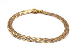 9CT GOLD TRI-COLOUR BRACELET, woven design, 18.5cms long, 3.2gms Provenance: private collection