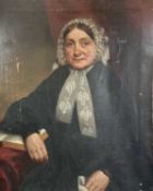 J BROWN (1855) British School oil on canvas - three quarter length portrait of a seated lady, her