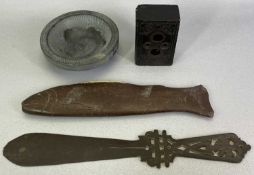 WELSH FOLK ART - carved slate fish ornament, 23.5cms L, slate page turner with pierced decoration,