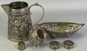 INDIAN UNMARKED/UNTESTED WHITE METAL (3) - comprising of a conical water jug with scroll handle, the