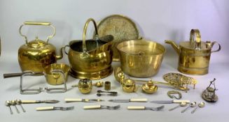 VICTORIAN OVAL BRASS HOT WATER CAN, 27cms H, an oval hammered brass kettle, 32cms H, brass helmet