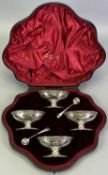 SET OF FOUR EDWARD VII PIERCED PEDESTAL SALTS & TWO SPOONS - in original fitted case, Sheffield