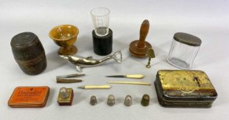 HALLMARKED SILVER THIMBLES & OTHERS (2), Mauchline ware circular open salt on stand, Welsh