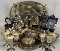 MIXED EPNS WARE - to include a four piece tea service on a non-matching oval pierced gallery tray,