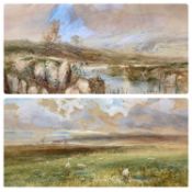 F CLIFFORD watercolours, a pair - mountainscape with figures fishing in foreground, and an extensive