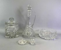 GOOD QUALITY CUT GLASSWARE - a claret jug of tapered circular form with loop handle and with