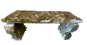 RE-CONSTITUTED STONE TWIN PEDESTAL GARDEN BENCH - rectangular seat with lyre details to the bench