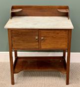 MAHOGANY & WHITE MARBLE TOP WASHSTAND - wooden splashback with upper shelves, twin cupboard doors