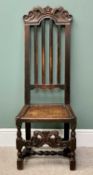 CAROLEAN STYLE ANTIQUE OAK HIGH BACK HALL CHAIR - the slatted back with carved crest rail and