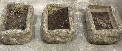 THREE RE-CONSTITUTED STONEWARE GARDEN TROUGHS - 16cms H, 46cms L, 30cms W