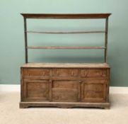 GEORGE III WELSH OAK DRESSER - circa 1780, having an open back two shelf Delft rack over a moulded