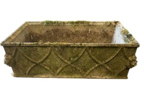 RE-CONSTITUTED STONE RECTANGULAR GARDEN PLANTER - having lattice work pattern in relief with lion