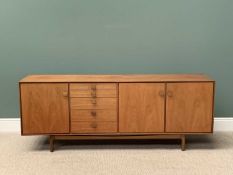 MID-CENTURY TEAK LONG SIDEBOARD - having five opening drawers and three cupboard doors, no maker's