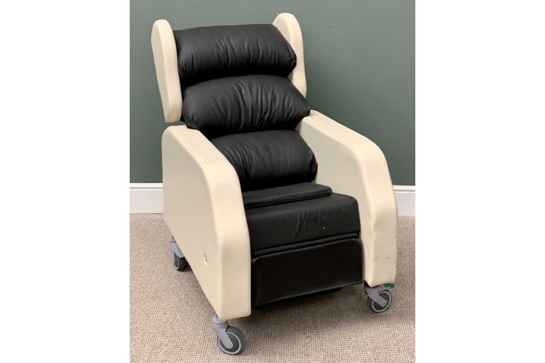 SEATING MATTERS- MONACO- INVALID ARMCHAIR / WHEELCHAIR, in cream and black leather effect, with - Image 1 of 2
