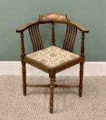 CIRCA 1900 INLAID MAHOGANY CORNER CHAIR with tapestry-style upholstered seat and lower cross